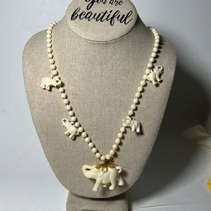 Vintage Necklace Elephant Pendant Rosebud Beaded Celluloid Ivory Color 24 inch